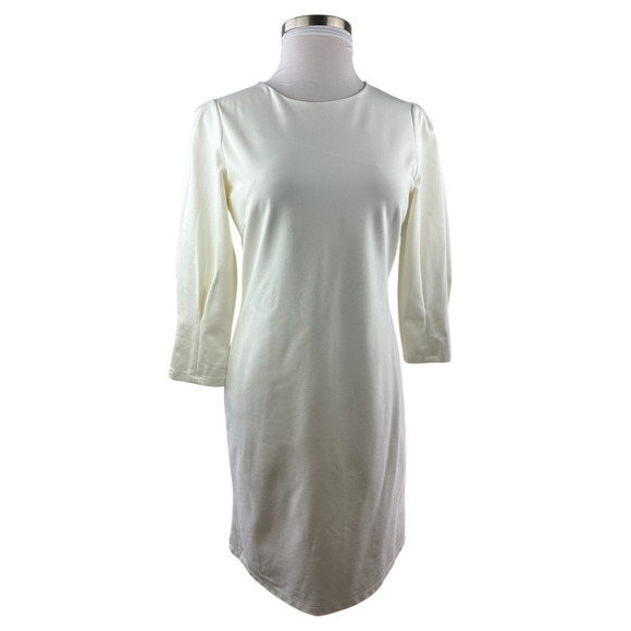NWT J McLaughlin Sheath Dress Pleated Ponte 3/4 Sleeve Ivory Large Modest Mature - Picture 2 of 12